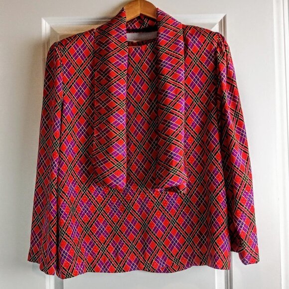 Vintage Castleberry Red Purple Plaid Jacquard LS Top & Scarf Tie - Picture 4 of 9